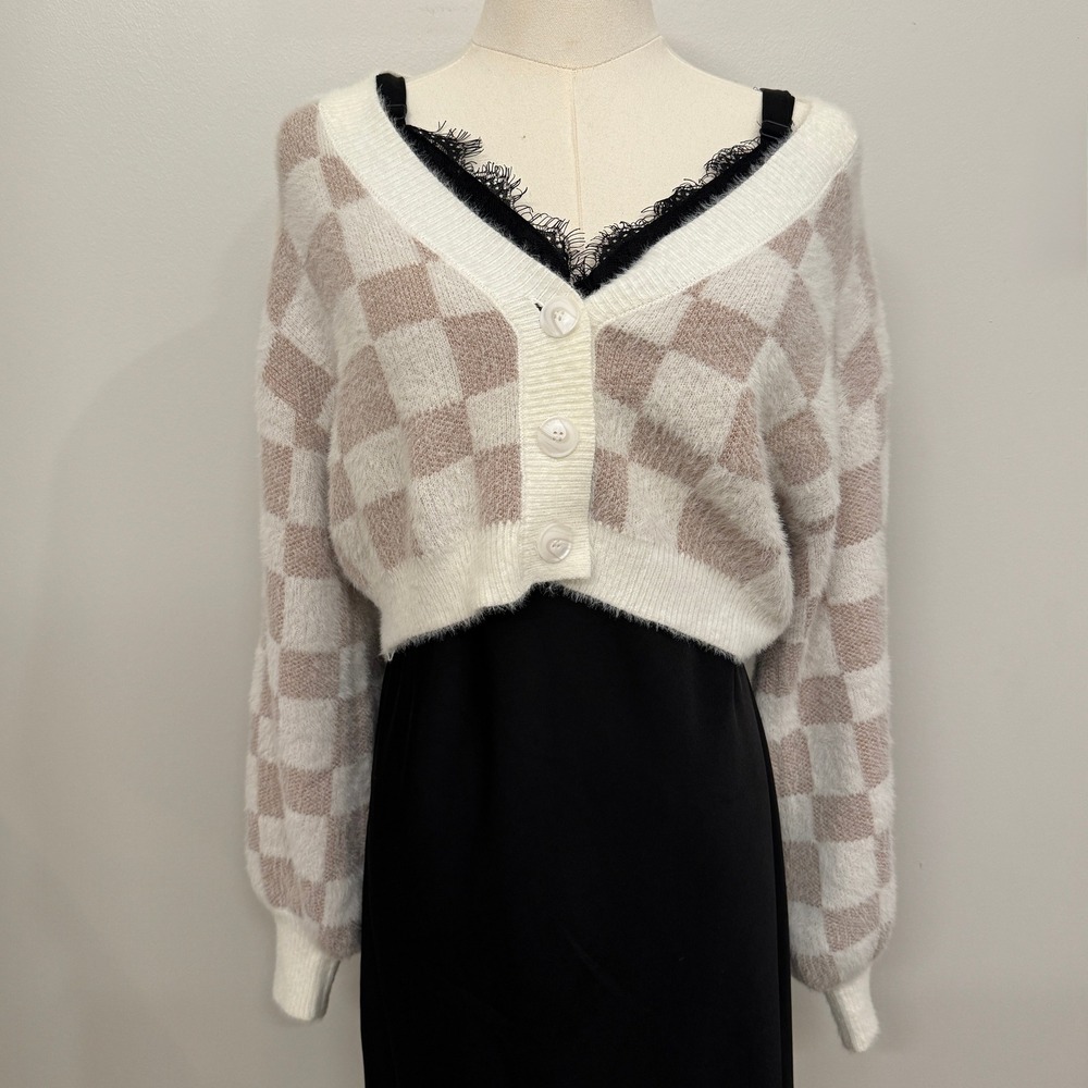 Altar State Checkerboard Fuzzy Cropped Cardigan Sweater‎ Medium Balloon Sleeve
